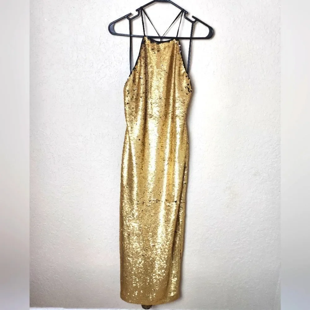 NBD x Revolve Sequin Halter Style Midi Dress Gold Size S NWT